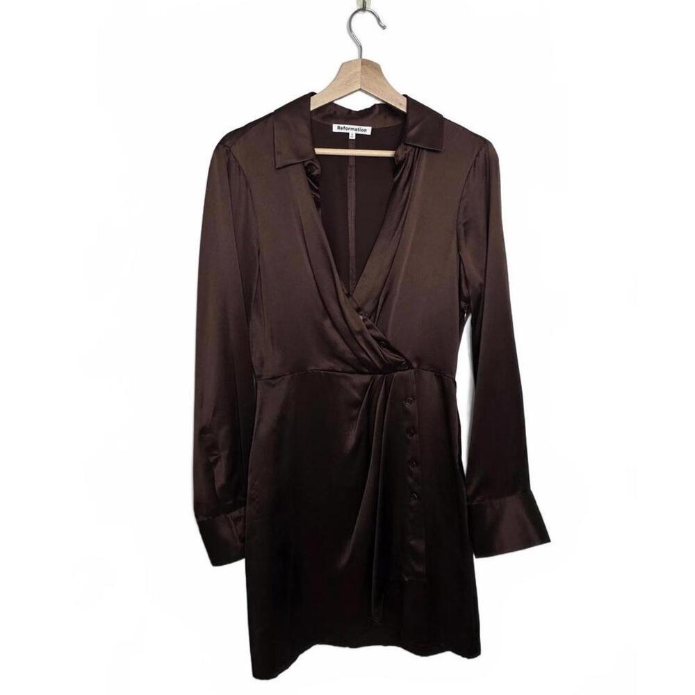 Reformation Alaine Brown Long Sleeve Asymmetric Button Mini Dress Size 0 - Picture 2 of 7